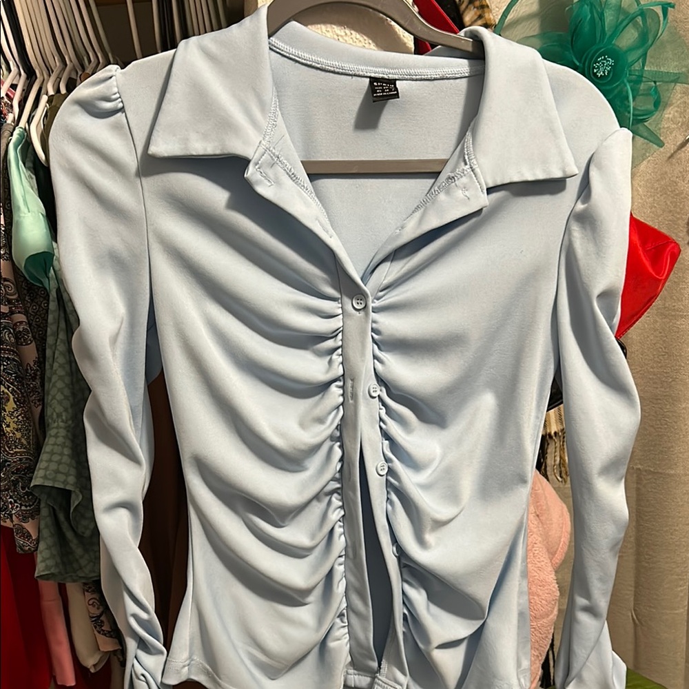 Gray Long Sleeve Ruched Blouse with Notched Collar